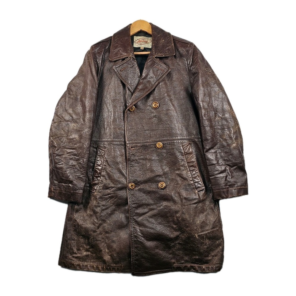Vtg Lakeland Double Breasted Leather Trench Coat Mens 38R Tweed Patina Rustic